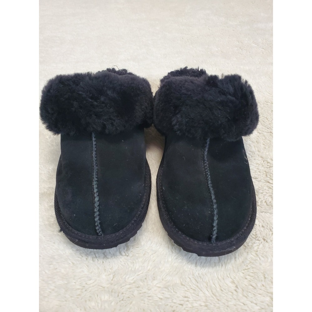 Ugg Black Suede Slip On Faux fur lining Slides Slipper Shoes 4 Casual Cozy Logo